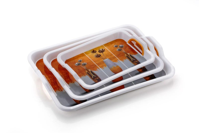 VSELL Serving Tray Set of 3 with Handle for Serving Tea, Coffee, Snacks and Multipurpose Use | A Designer Tray for Kitchen, Home, Office, Hotel| Serving Tray | Dining Tray (White Set of 3) (Lotus)  - Image 3