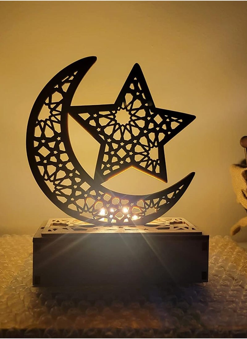 VUCATIN Eid Crafts Night Light, Ramadan EID Mubarak Lamp Decorations, 3D Handmade Wooden Moon Star LED Lights Decor, Eid Ornaments Gift for Muslims, Islamic Wall Table Décor  - Image 1