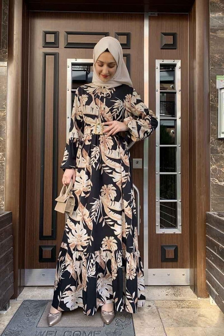 Sefa Merve Palm Tree Patterned Dress 0228-01 Black Beige  - Image 1