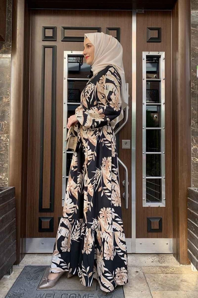 Sefa Merve Palm Tree Patterned Dress 0228-01 Black Beige  - Image 2