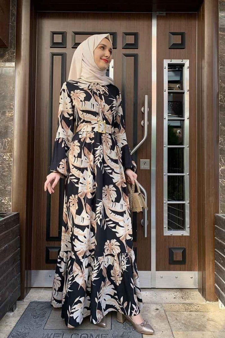 Sefa Merve Palm Tree Patterned Dress 0228-01 Black Beige  - Image 3