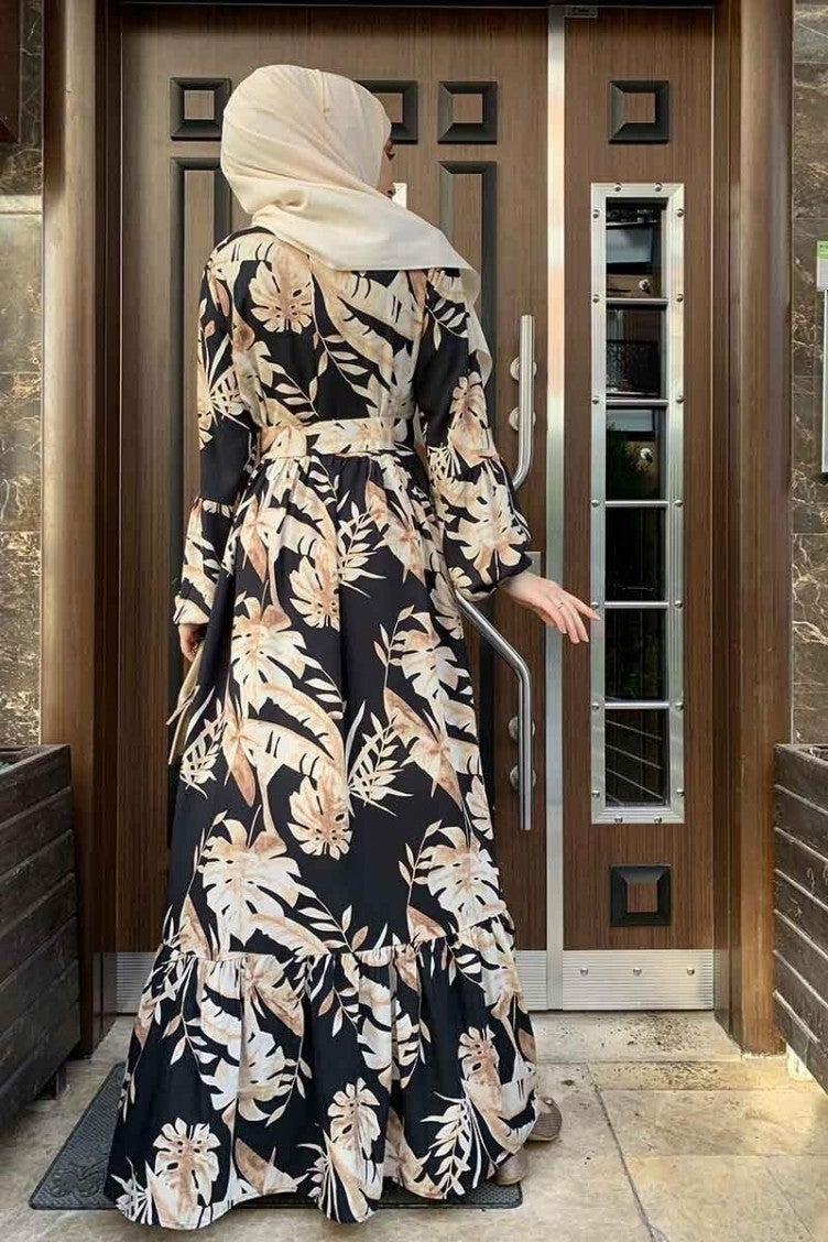 Sefa Merve Palm Tree Patterned Dress 0228-01 Black Beige  - Image 4