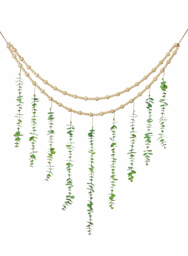 Wall Hanging Decor, Eucalyptus Boho Decor Bedroom Wooden Bead Garland Artificial Natural Greenery Decoration for Guest Modern Bathroom Living Room