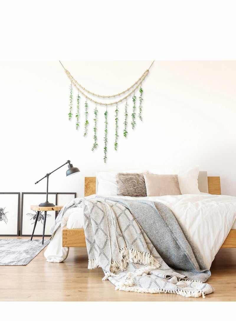 Wall Hanging Decor, Eucalyptus Boho Decor Bedroom Wooden Bead Garland Artificial Natural Greenery Decoration for Guest Modern Bathroom Living Room