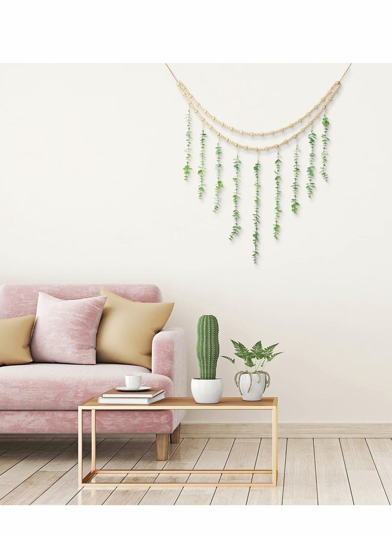 Wall Hanging Decor, Eucalyptus Boho Decor Bedroom Wooden Bead Garland Artificial Natural Greenery Decoration for Guest Modern Bathroom Living Room
