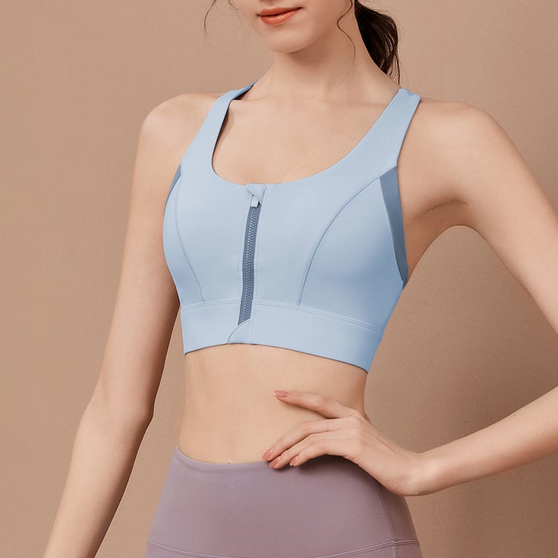 Front Zip Sports Bra High Impact Color-Block Sky Blue