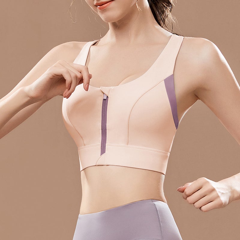 Front Zip Sports Bra High Impact Color-Block Sky Blue