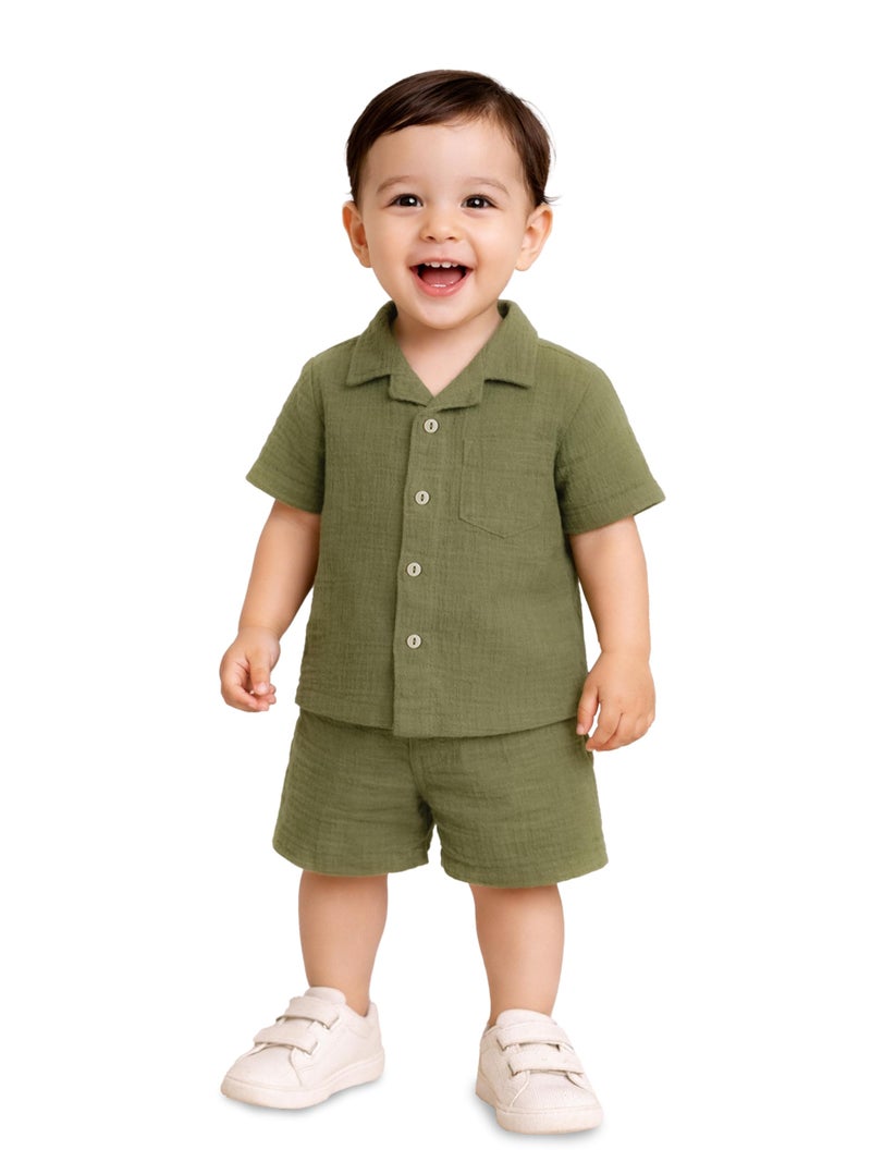 Kidbea Organic Cotton Shirt & Pant Co-ord Set for Kids Comfortable Summer wear | Stylish Short-Sleeve Shirt & Comfy Shorts (Green, 5-6 Years) - Image 1