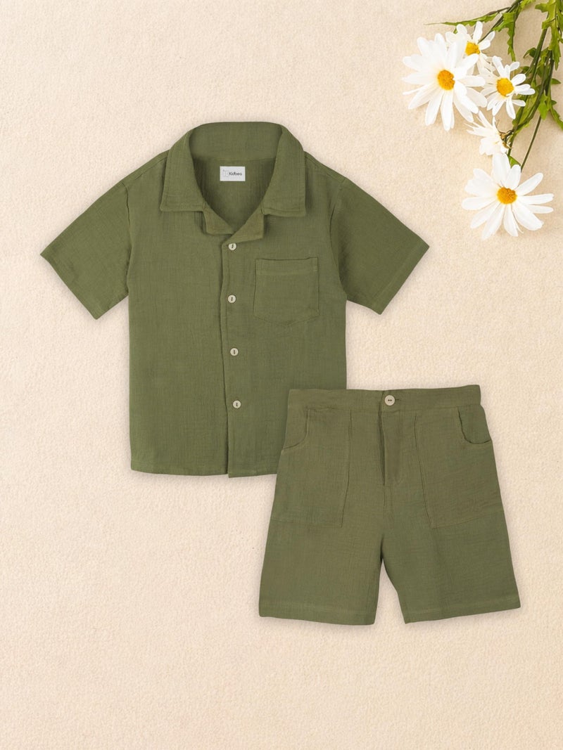 Kidbea Organic Cotton Shirt & Pant Co-ord Set for Kids Comfortable Summer wear | Stylish Short-Sleeve Shirt & Comfy Shorts (Green, 5-6 Years) - Image 2