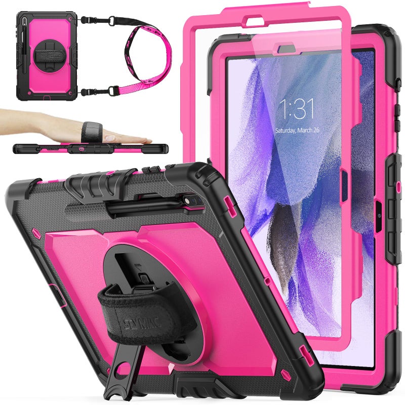 SEYMAC stock Case for Samsung Galaxy Tab S7 FE S8 Plus 5G Case 124 with Screen Protector Pencil Holder 360 Rotating Hand Strap Stand DropProof RoseBlack