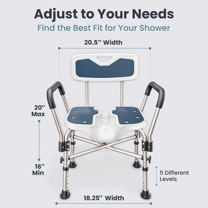 PELEGON Shower Chair U-Shape Seat (450lb) Heavy Duty - Padded Armrests and Back, Shower Chairs for Elderly and Disabled, Handicap, Shower Chair for Inside Shower, Adjustable Height - Blue - Image 3