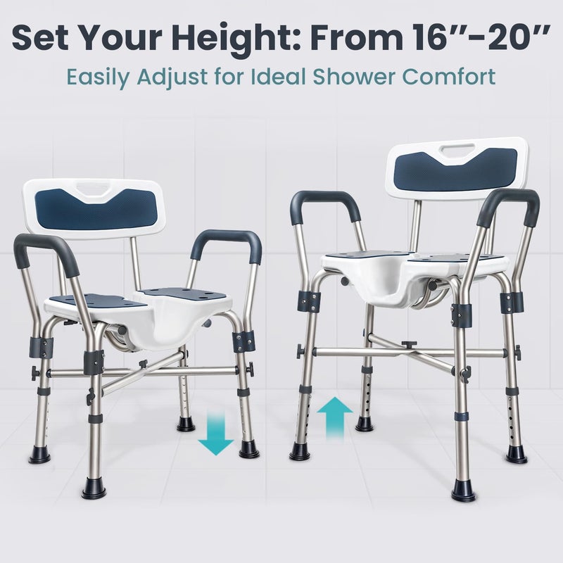 PELEGON Shower Chair U-Shape Seat (450lb) Heavy Duty - Padded Armrests and Back, Shower Chairs for Elderly and Disabled, Handicap, Shower Chair for Inside Shower, Adjustable Height - Blue - Image 5