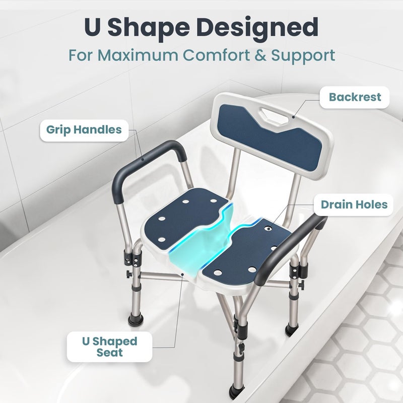 PELEGON Shower Chair U-Shape Seat (450lb) Heavy Duty - Padded Armrests and Back, Shower Chairs for Elderly and Disabled, Handicap, Shower Chair for Inside Shower, Adjustable Height - Blue - Image 4