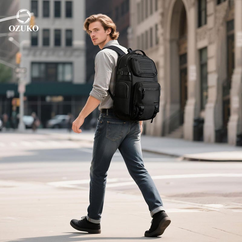 OZUKO حقيبة ظهر تكتيكية للعمل والسفر والاستخدام الخارجي بتصميم مضاد للسرقة ومقاوم للماء سعة 25 لتر، رمادي، 9891 - Image 3