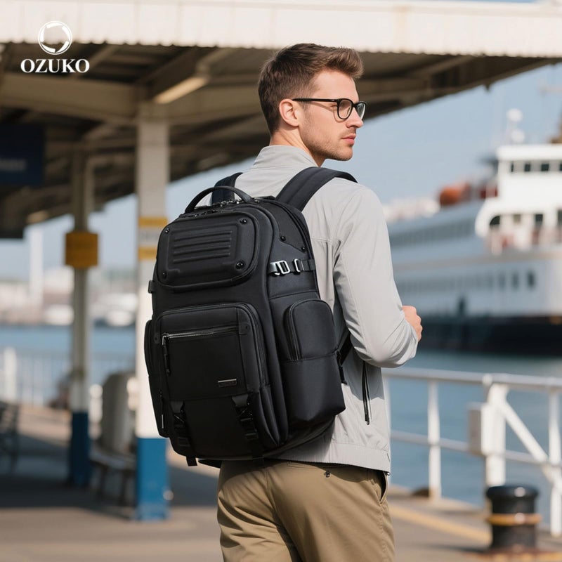 OZUKO حقيبة ظهر تكتيكية للعمل والسفر والاستخدام الخارجي بتصميم مضاد للسرقة ومقاوم للماء سعة 25 لتر، رمادي، 9891 - Image 2