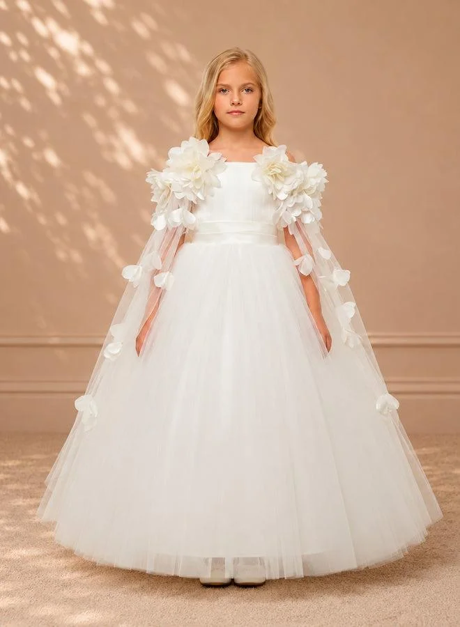 فيا بامبينو Ivory Floral Cape-Sleeve Tulle Gown 6085