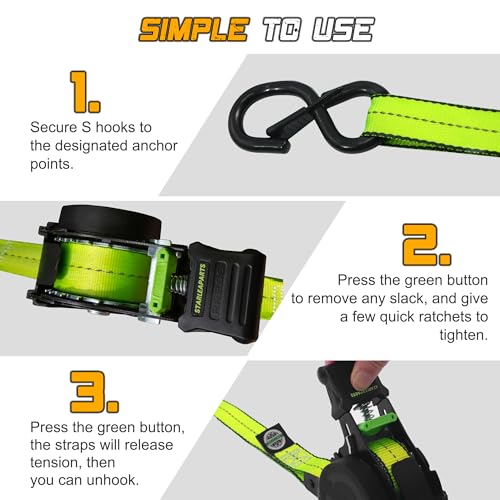 STARLEAPARTS Retractable Ratchet Straps(4PK 1.0INX12FT) - 1,500lb Break Strength, Ratchet Strap Heavy Duty with Rubber Coated Handle, Perfect Auto Ratchet Straps for Motorcycle, Kayak and Trucks - Image 4