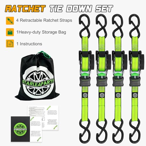 STARLEAPARTS Retractable Ratchet Straps(4PK 1.0INX12FT) - 1,500lb Break Strength, Ratchet Strap Heavy Duty with Rubber Coated Handle, Perfect Auto Ratchet Straps for Motorcycle, Kayak and Trucks - Image 5