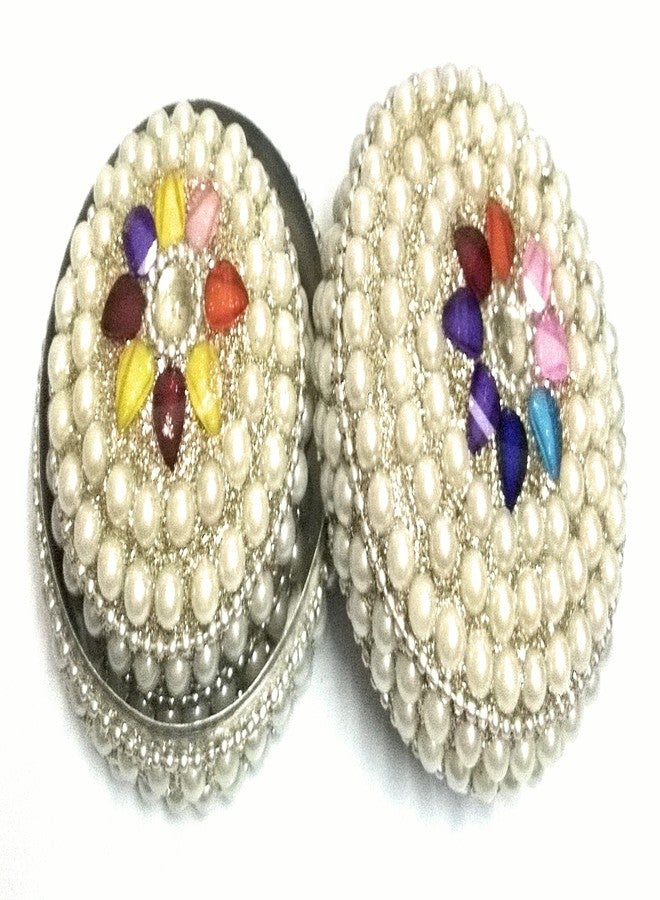 HOUZZPLUS Handicraft Designer Pearl Work Decorative Round Sindoor Box (Silver, 7 cm x 6 cm x 4 cm and 6 cm x 6 cm x 3 cm) - Set of 2 - Image 2