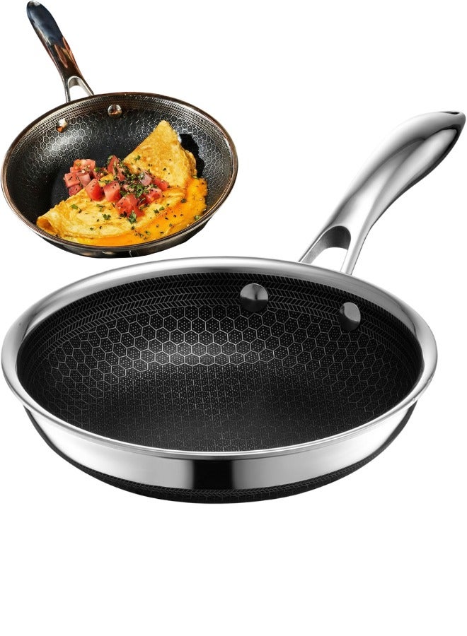 مقلاة غير لاصقة مقاس 20 سم ثلاثية الطبقات من الستانلس ستيل بجودة عالية ومعايير ألمانية أصلية، قاعدة ثلاثية الطبقات من ستانلس 316 وألومنيوم وستانلس 430 لضمان توزيع حرارة مثالي، مقاومة للخدش وخالية من المواد الضارة مثل PFAS، مناسبة لجميع أنواع المواقد بما فيها الحثي، مقبض بارد لا ينقل الحرارة، آمنة للغسل في غسالة الأطباق وتتحمل حرارة الفرن بدرجة عالية، مثالية للقلي والتحمير والطهي الاحترافي، أداء قوي مع طبقة مقاومة للالتصاق لتسهيل الاستخدام والتنظيف، متينة وتدوم طويلًا وتناسب الاستخدام اليومي في المطابخ المنزلية والمهنية - Image 1