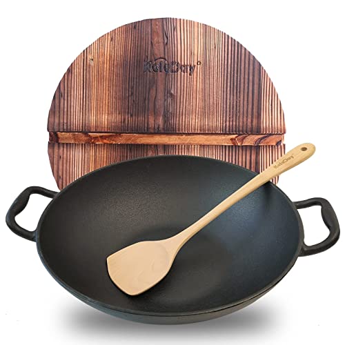Keleday Flat Bottom Cast Iron Wok with Lid 14 Inch,Pre-Seasoned Best Non Toxic Wok,Chinese Japanese Wok double handle for Induction and Open Fire - Image 1
