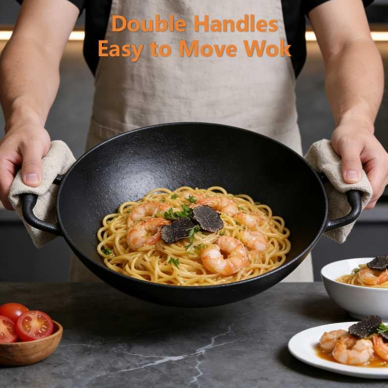 Keleday Flat Bottom Cast Iron Wok with Lid 14 Inch,Pre-Seasoned Best Non Toxic Wok,Chinese Japanese Wok double handle for Induction and Open Fire - Image 4