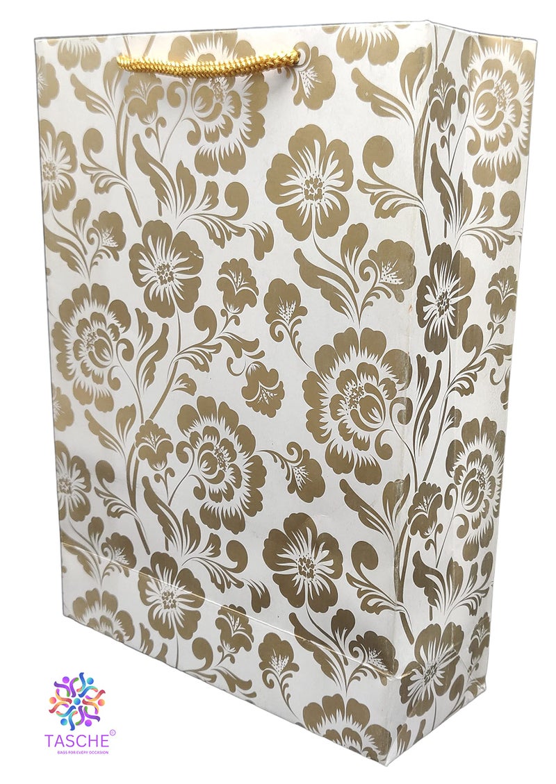 TASCHE Gold Flower and Gold Mandaram Printed Assorted Design Paper Carry Bags | Gift Bags for Return gifts, Birthday and presents (28 * 20 * 7.5 CM) (Pack of 10) - Image 3
