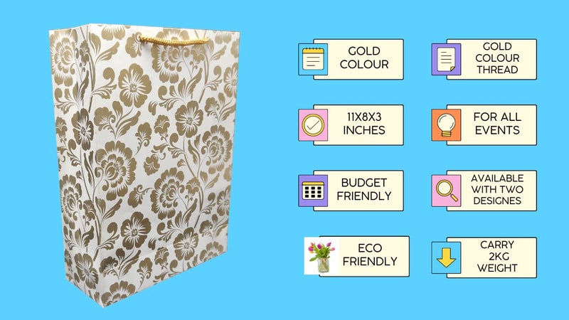 TASCHE Gold Flower and Gold Mandaram Printed Assorted Design Paper Carry Bags | Gift Bags for Return gifts, Birthday and presents (28 * 20 * 7.5 CM) (Pack of 10) - Image 5