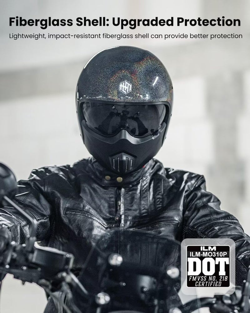 ILM Fiberglass Open Face Motorcycle 3/4 Half Helmet with Visor for Men and Women - DOT Model MO310P - Image 2