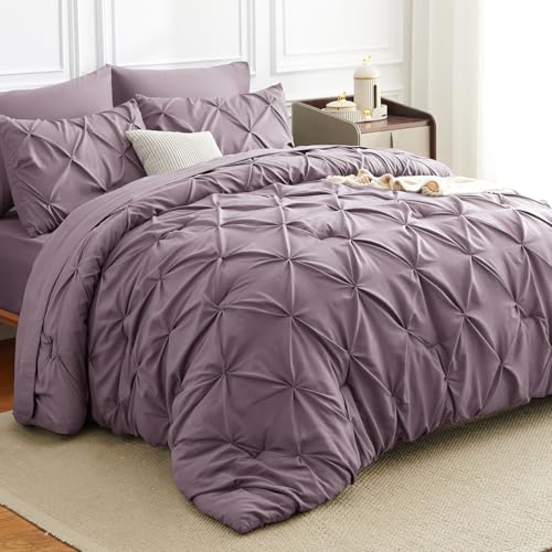 HIMEET Pintuck Bed in a Bag, 7 Pieces Queen Size Comforter Set Dusty Purple, Pinch Pleat Bed in a Bag, Soft All Season Bedding Sets with Comforter, Flat Sheet, Fitted Sheet and Pillowcases & Shams - Image 1