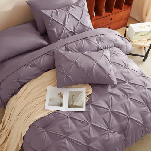HIMEET Pintuck Bed in a Bag, 7 Pieces Queen Size Comforter Set Dusty Purple, Pinch Pleat Bed in a Bag, Soft All Season Bedding Sets with Comforter, Flat Sheet, Fitted Sheet and Pillowcases & Shams - Image 4