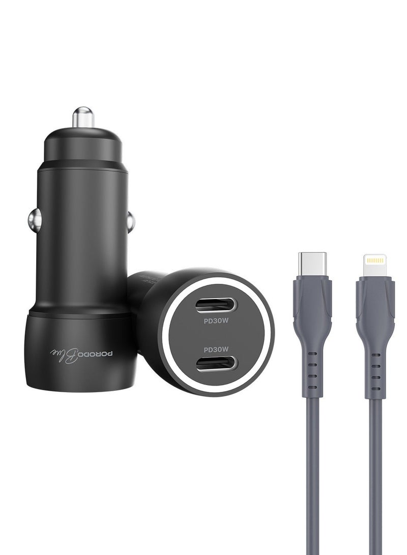 porodo Riva 60W Dual USB-C Car Charger with USB-C to Lighting Cable , Simultaneous Charging , Auto-Off Function , Fast Charging for iPhone , Samsung, Huawei, Xiaomi, Redmi, Vivo, Oppo - Black - Image 1