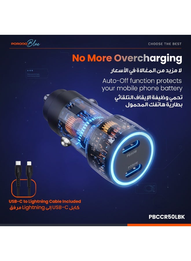 porodo Riva 60W Dual USB-C Car Charger with USB-C to Lighting Cable , Simultaneous Charging , Auto-Off Function , Fast Charging for iPhone , Samsung, Huawei, Xiaomi, Redmi, Vivo, Oppo - Black - Image 3