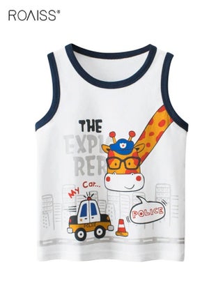 Boys Summer Tank Top, Comfortable Cotton Vest with Cartoon Pattern, Round Neck Sleeveless T Shirt for Boys, Suitable for Daily Wear or Any Occasion