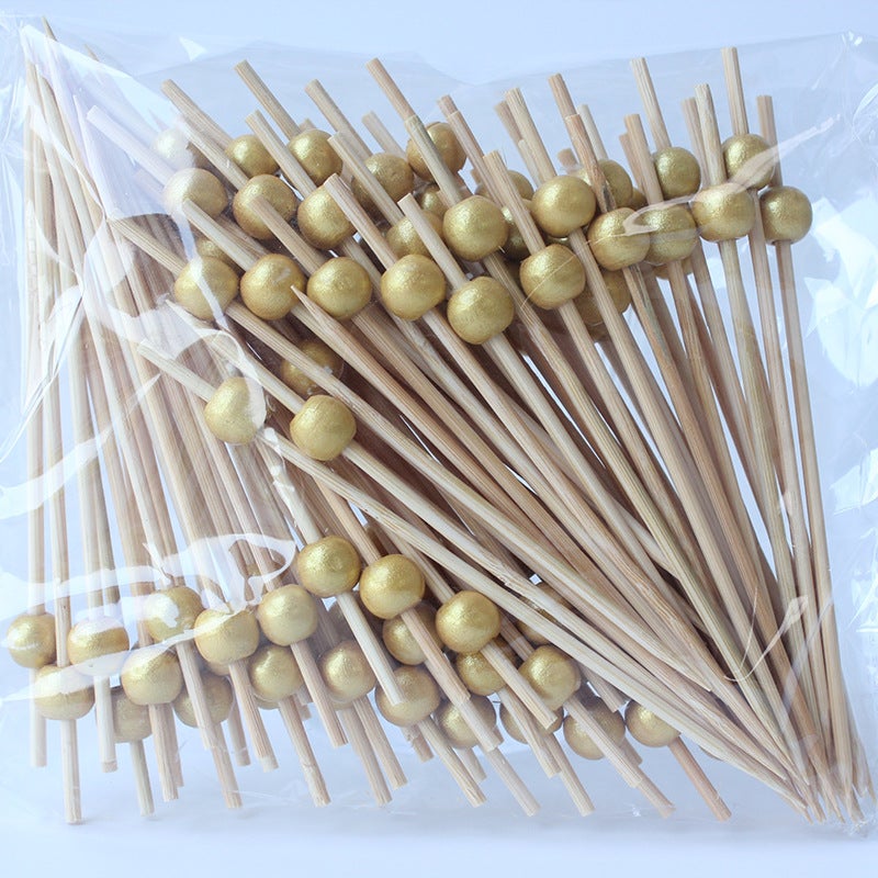 100-Pack Gold Plated Beaded Fruit Picks for Appetizers 9 × 10 wooden gold beads 2.5mm bamboo sticks