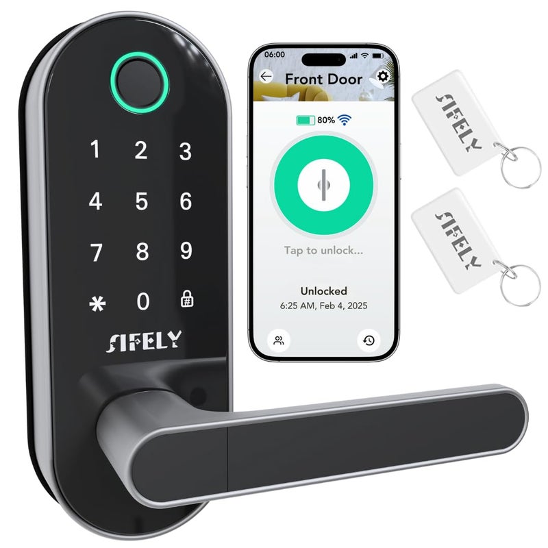 Builtin WiFi Fingerprint Smart Door Lock with Handle Keypad Remote Access AutoLock Keyless Entry for Home Airbnb Rental 6in1 Unlock CodeCardAppKey Compatible with Alexa Google