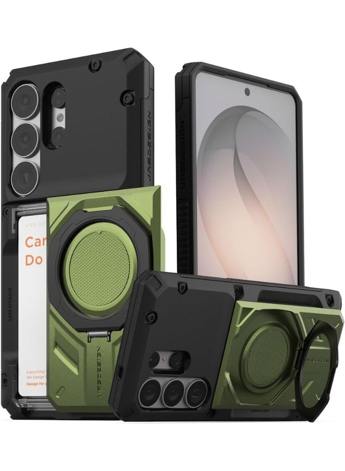 Damda Glide Hybrid Samsung Galaxy S26 ULTRA (2026) Case Magnetic Mount Kickstand with Semi Auto Card Holder Slot [3-4 Cards] - Tactical Olive (NO Wireless Charging)