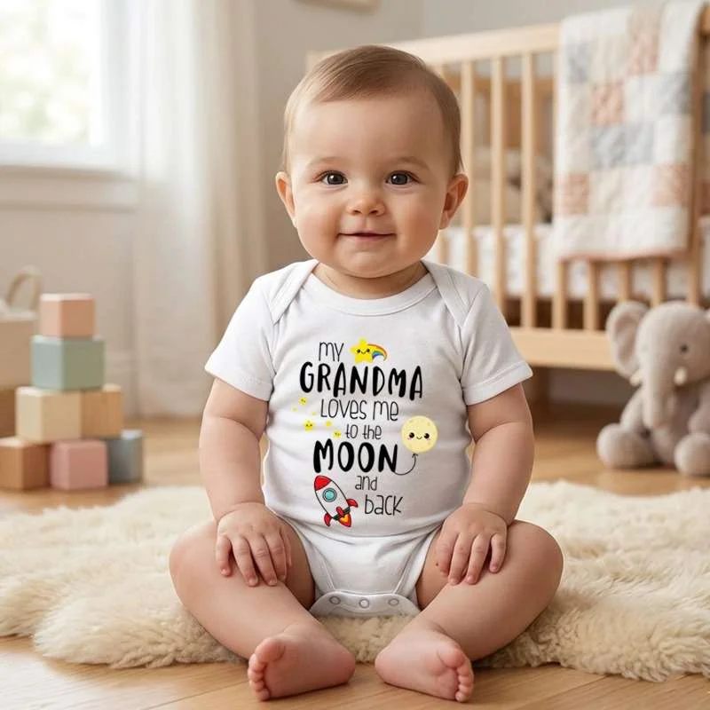 Matching Family Outfits My Grandma Loves Me to the Moon and Back Baby Bodysuit – Cute Infant Onesie with Moon, Stars & Rocket Design, Soft Cotton Baby Romper, Newborn Outfit, Baby Shower Gift
