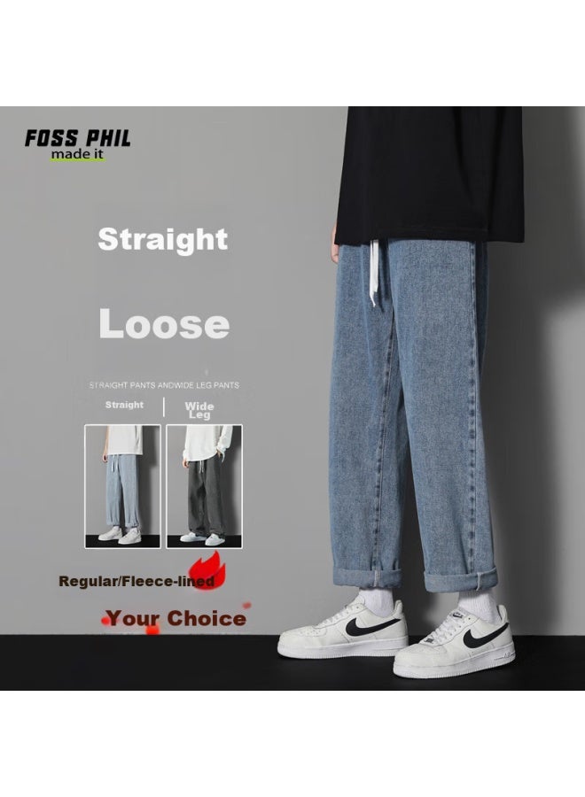 Foss Phil Men's Jeans, Spring And Summer, Loose Straight-leg, Casual American High Street Style, Trendy Draping Trousers, S336 Medium Blue, XL - Image 1