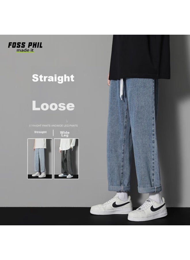 Foss Phil Men's Jeans, Spring And Summer, Loose Straight-leg, Casual American High Street Style, Trendy Draping Trousers, S336 Medium Blue, XL - Image 2