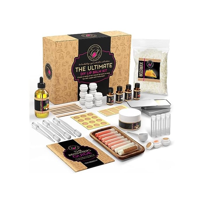 CraftZee 𝗣𝗥𝗘𝗠𝗜𝗨𝗠 Lip Balm Making Kit. DIY Lip Gloss Pack, Natural Beeswax, Shea Butter, Sweet Almond Oil, Essential Oils, Tools, Instruction Manual, Adult Craft Kit