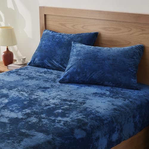 BEDELITE Velvet Fitted Sheet and Pillowcase Set Luxury Soft Fuzzy Bottom Sheet with Reinforced Elastic Corner Straps Deep Pocket up to 15 Inch 1 Fitted Sheet and 1 Pillowcase Twin Navy Blue - Image 1