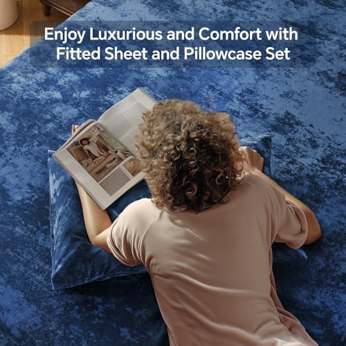 BEDELITE Velvet Fitted Sheet and Pillowcase Set Luxury Soft Fuzzy Bottom Sheet with Reinforced Elastic Corner Straps Deep Pocket up to 15 Inch 1 Fitted Sheet and 1 Pillowcase Twin Navy Blue - Image 3