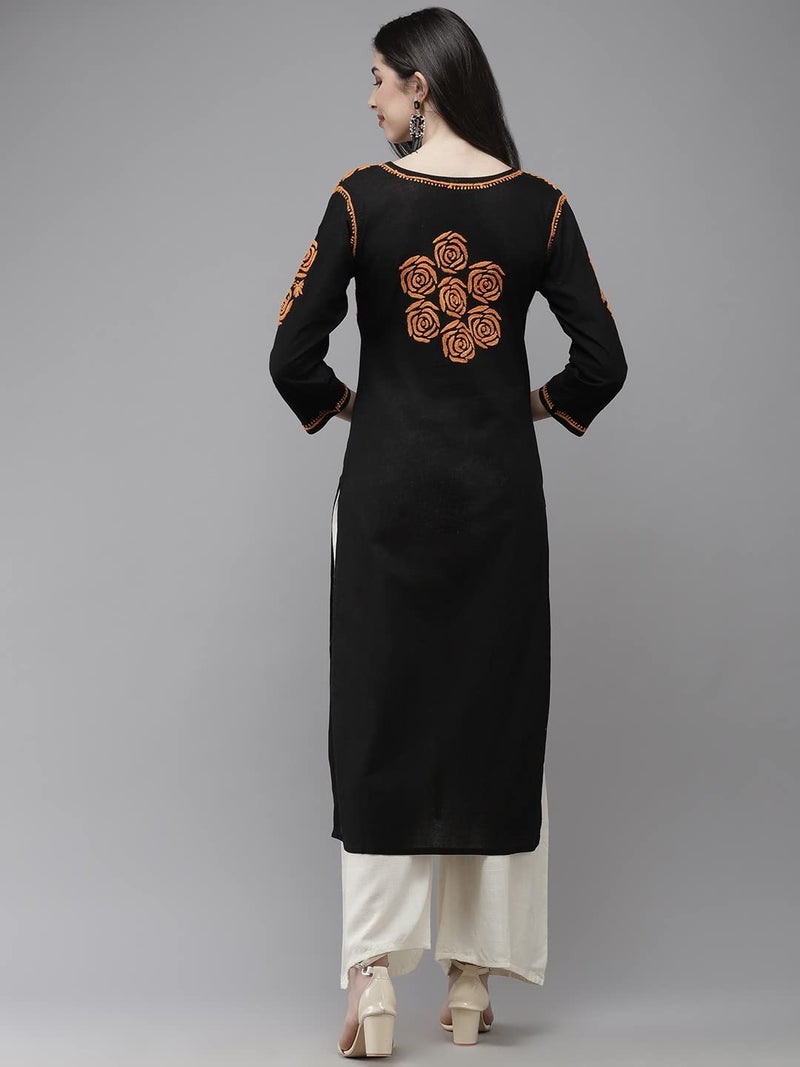 Ada Hand Embroidered Straight Lucknow Chikankari Cotton Kurta Kurti for Women A411283 Black (S), Regular Fit - Image 2