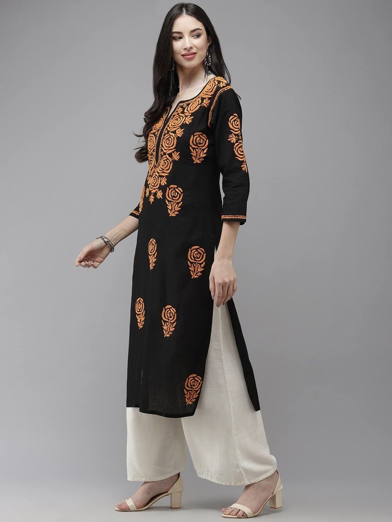 Ada Hand Embroidered Straight Lucknow Chikankari Cotton Kurta Kurti for Women A411283 Black (S), Regular Fit - Image 4