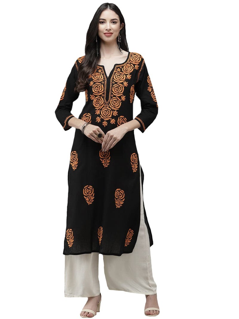 Ada Hand Embroidered Straight Lucknow Chikankari Cotton Kurta Kurti for Women A411283 Black (S), Regular Fit - Image 1