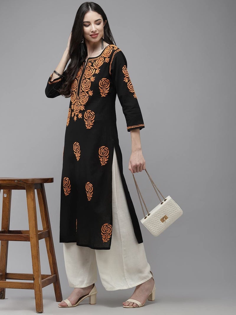 Ada Hand Embroidered Straight Lucknow Chikankari Cotton Kurta Kurti for Women A411283 Black (S), Regular Fit - Image 5