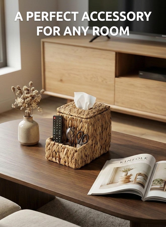Demigo Water Hyacinth Tissue Box Cover with Side Organizer, Handwoven Wicker Napkin Box Holder with Metal Frame, Boho Farmhouse Tissue Box Storage for Kitchen, Bedroom & Living Room - Image 2