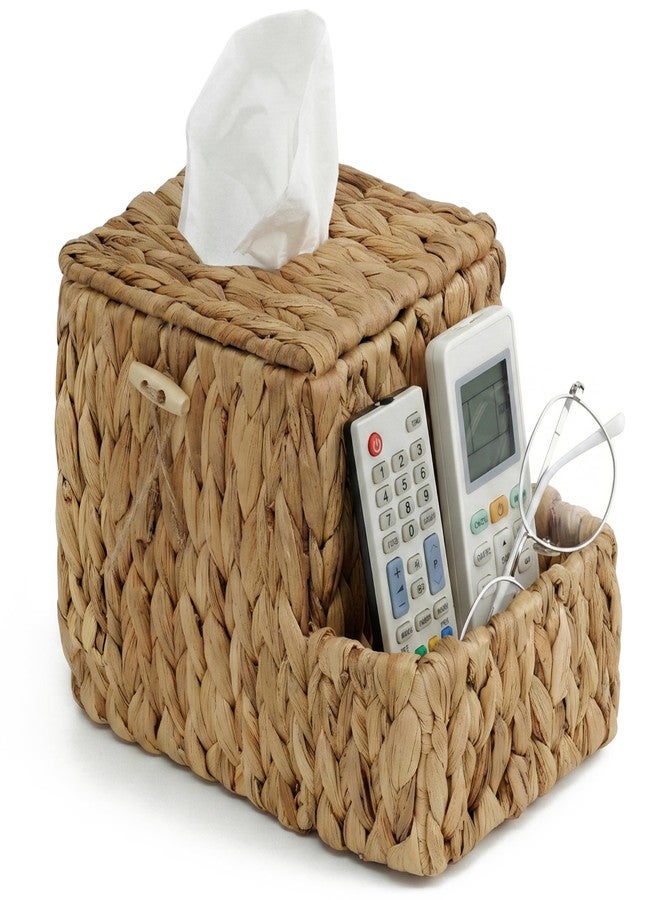Demigo Water Hyacinth Tissue Box Cover with Side Organizer, Handwoven Wicker Napkin Box Holder with Metal Frame, Boho Farmhouse Tissue Box Storage for Kitchen, Bedroom & Living Room - Image 1