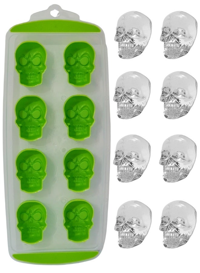 Happy Home 1 Pack 8-Piece Silicone Ice Cube Tray Large Skull Shaped Ice Cubes Easy Release Non-Stick Dishwasher Safe - Green  - Image 2